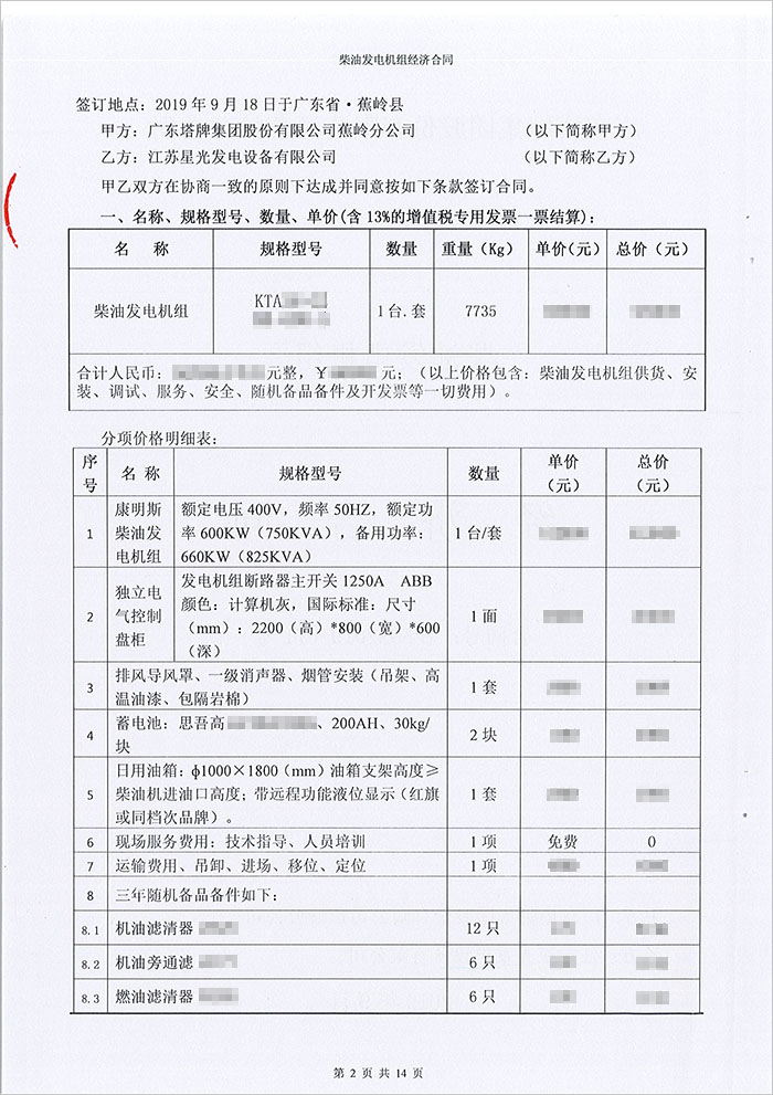 廣東塔牌集團(tuán)蕉嶺分公司600KW康明斯柴油發(fā)電機(jī)組采購